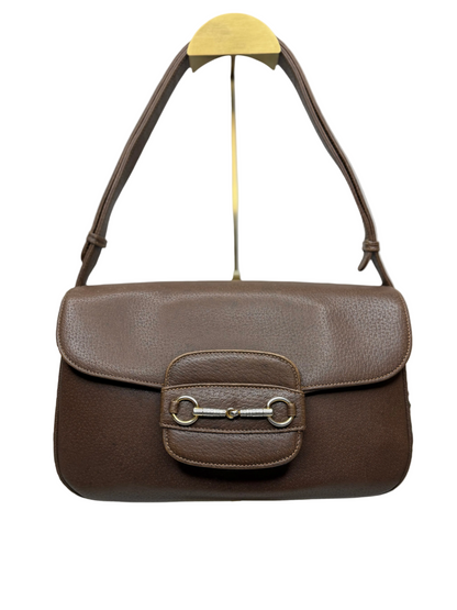 Authentic GUCCI 1955 Vintage Horsebit Shoulder & Crossbody Bag Brown Grained Leather | Mixed Gold & Silver Hardware