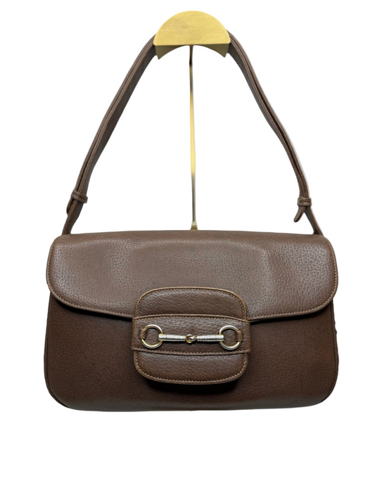 Authentic GUCCI 1955 Vintage Horsebit Shoulder & Crossbody Bag Brown Grained Leather | Mixed Gold & Silver Hardware