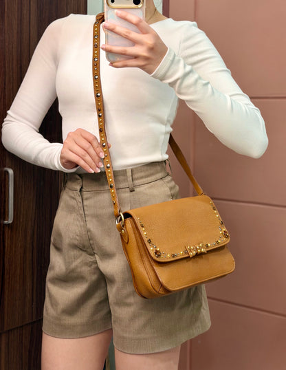 Authentic MIU MIU Madras Ribbon Camel Brown Leather Crystal Studs Embellished Shoulder Crossbody Bag