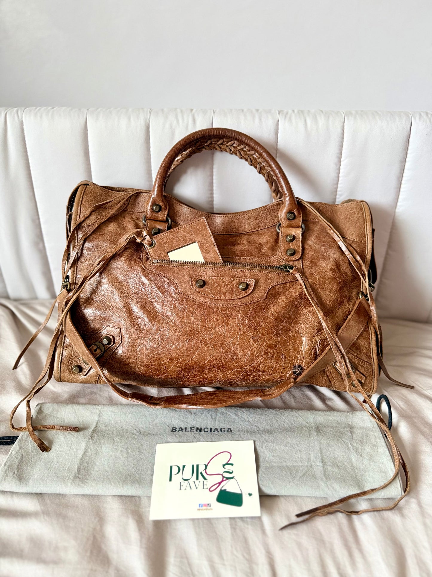 Authentic BALENCIAGA Motocross Classic City Glazed Brown Lambskin Leather Bag