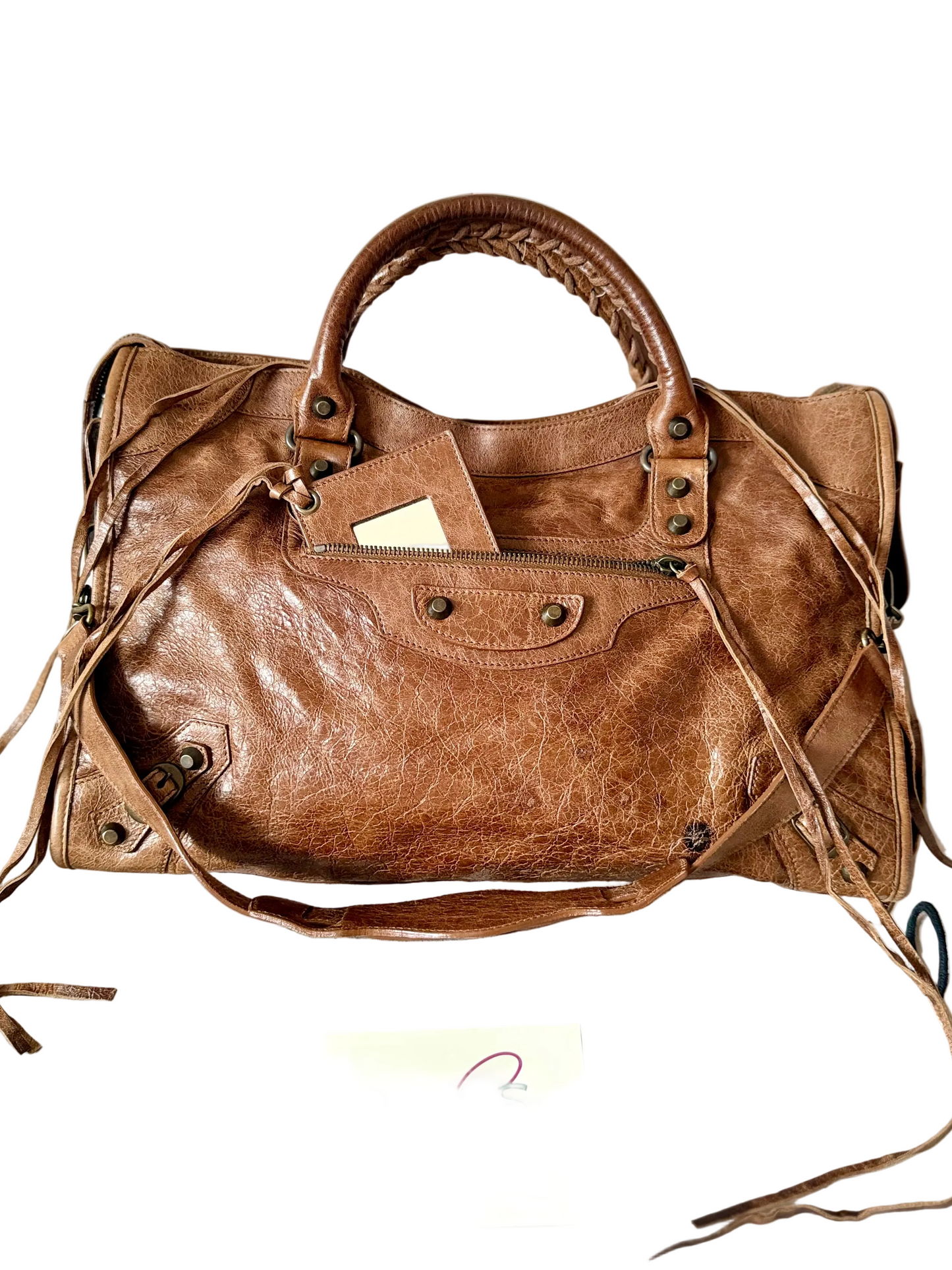 Authentic BALENCIAGA Motocross Classic City Glazed Brown Lambskin Leather Bag