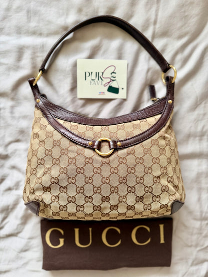 Authentic GUCCI Horsebit GG Canvas Brown Hobo Shoulder Bag