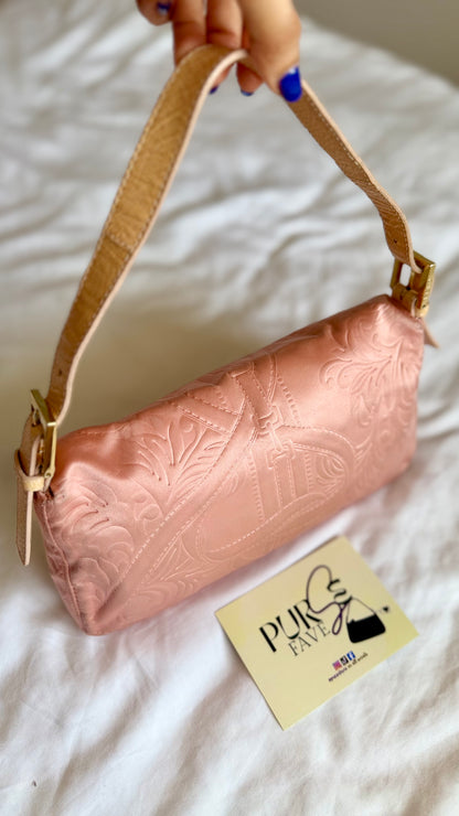 Authentic Vintage Fendi Baguette Pink Silk 3D Embossed Floral Swirl Pattern