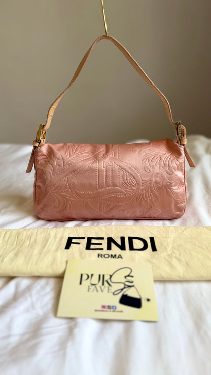 Authentic Vintage Fendi Baguette Pink Silk 3D Embossed Floral Swirl Pattern