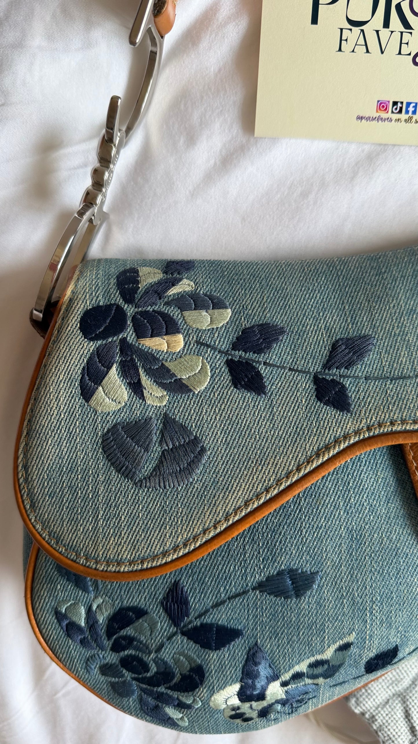 Authentic Vintage Christian Dior Light Blue Denim Saddle Shoulder Bag w/ Embroidered Floral & Butterfly Motifs