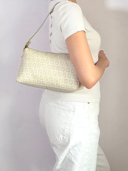 Authentic Vintage Fendi White Zucchino Coated Canvas East-West Shoulder Bag