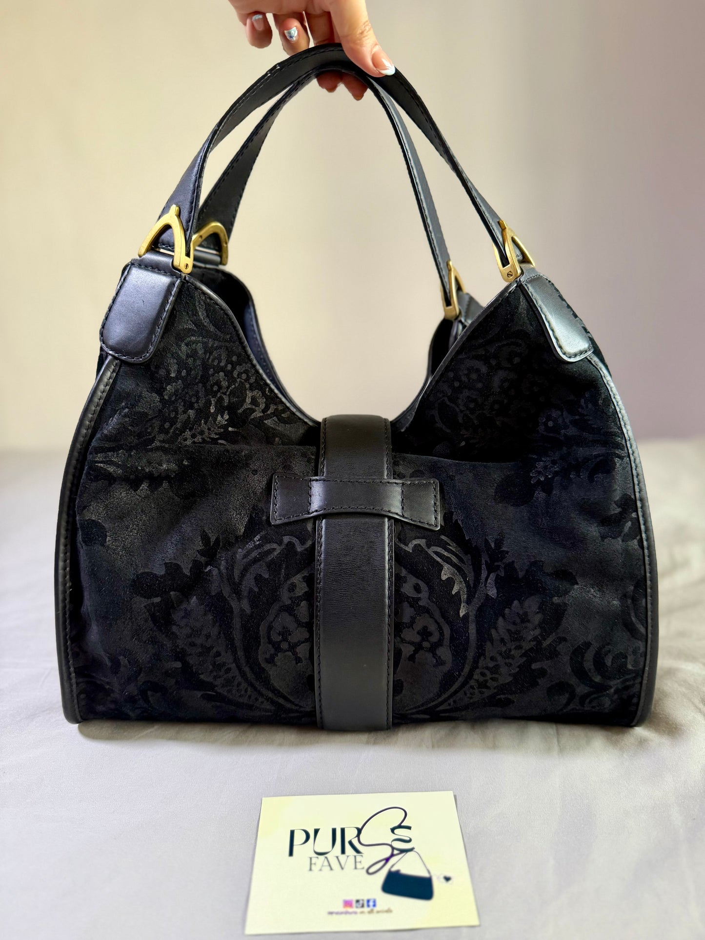 Authentic GUCCI Brocade Black Nubuck & Suede Soft Horsebit Stirrup Tote