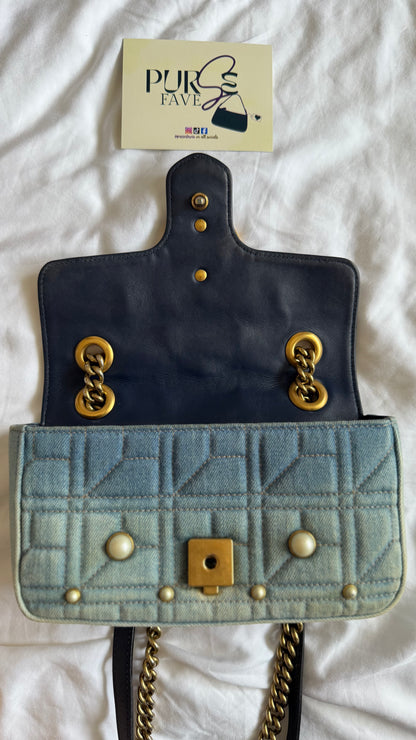 Authentic Gucci GG Marmont Matelassé Pearl Studded Blue Denim Shoulder Crossbody Bag
