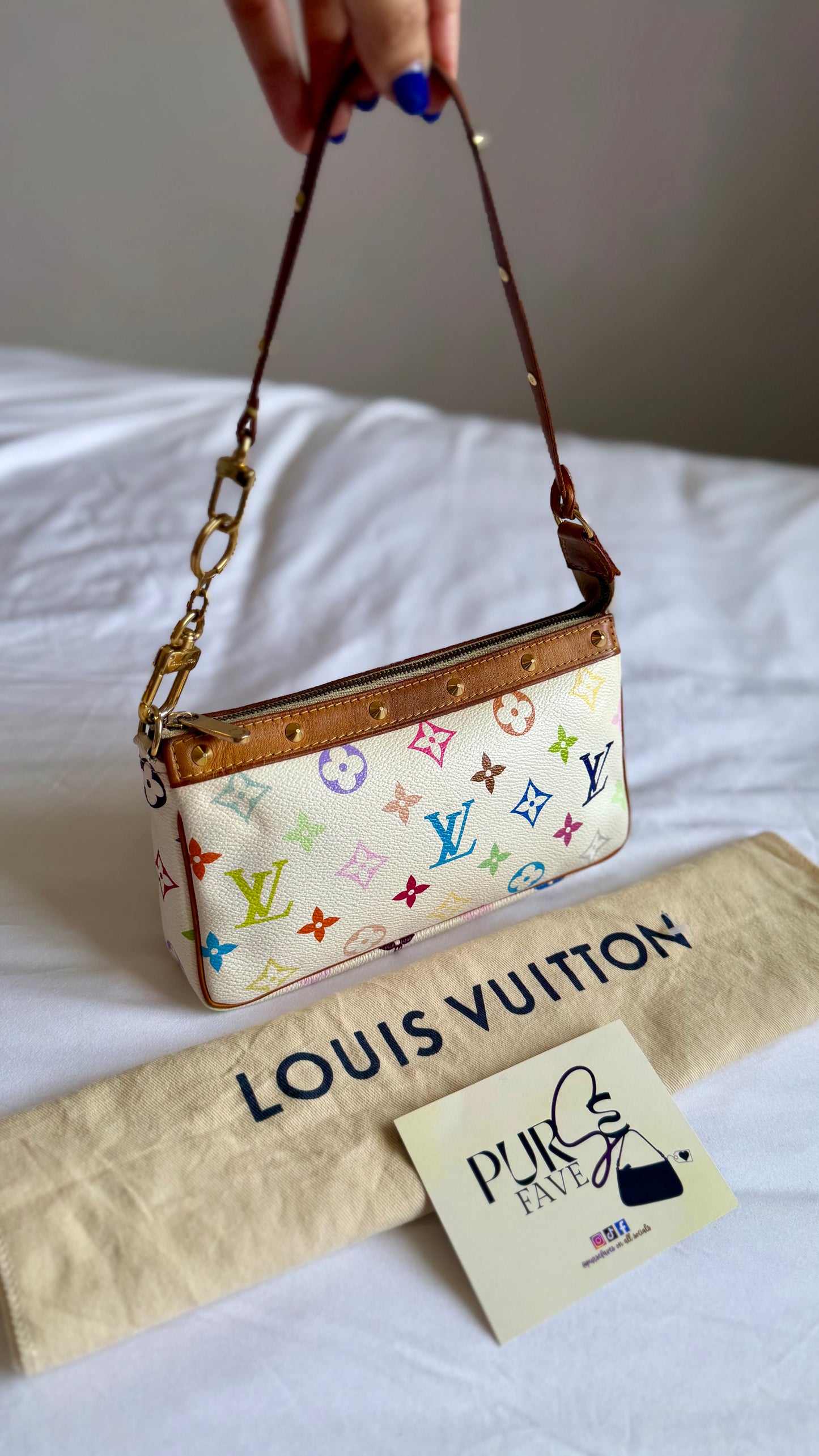 Authentic LOUIS VUITTON × TAKASHI MURAKAMI White Multicolor Pochette Shoulder Bag