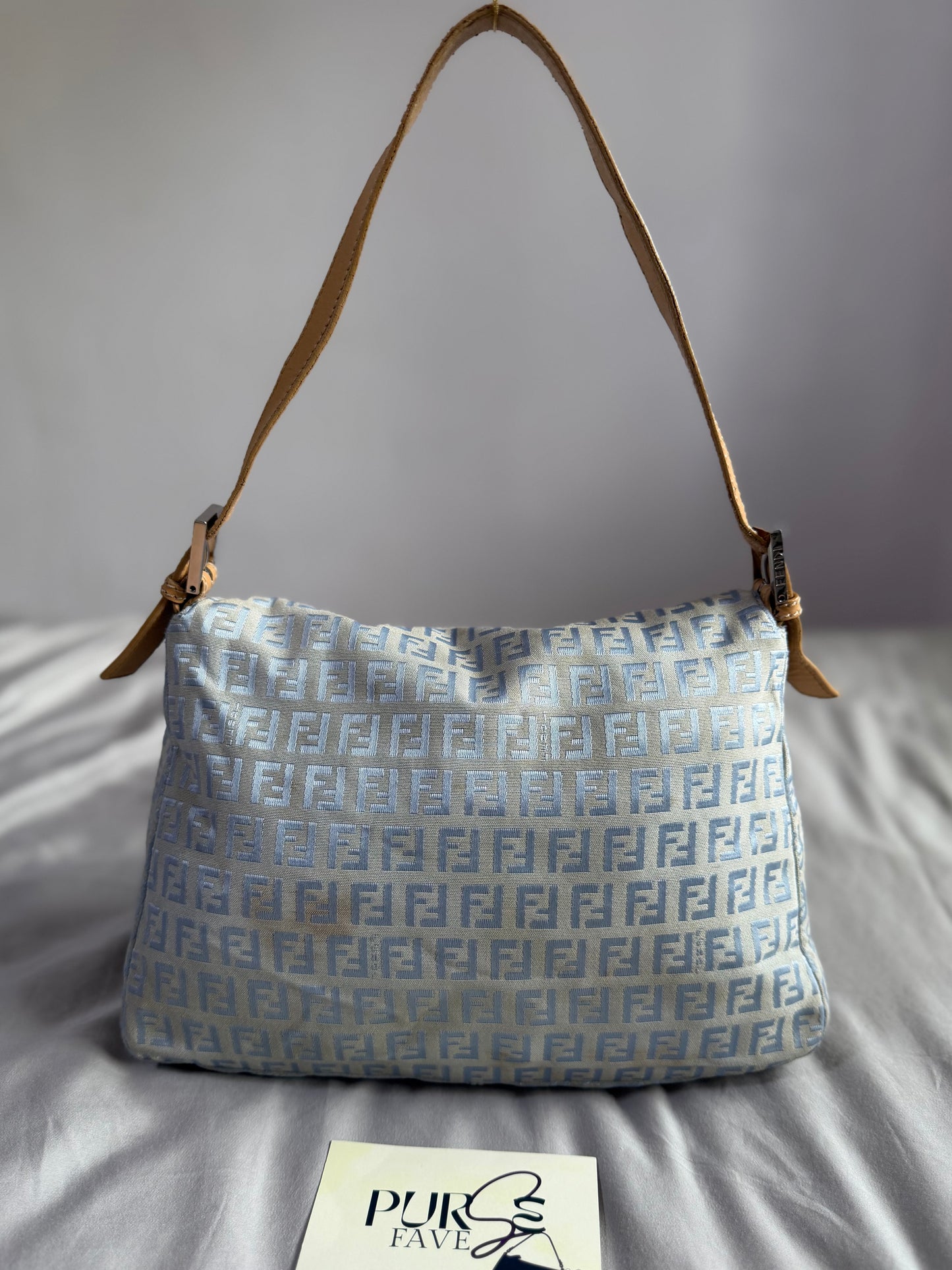 Authentic Vintage Fendi Light Blue Zucchino Canvas Mamma Baguette Shoulder Bag