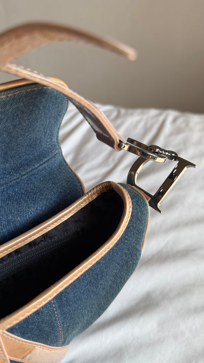 Authentic Vintage Christian Dior Light Blue Denim with Pocket Saddle Shoulder Bag