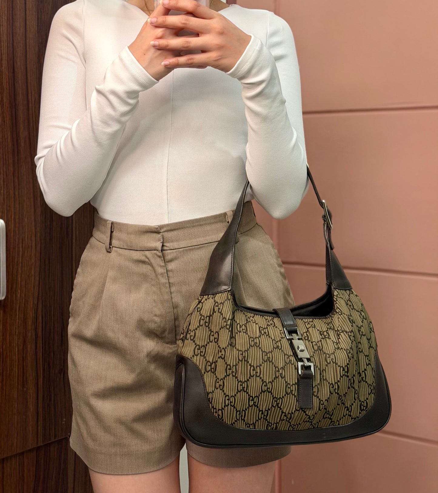 Authentic GUCCI Jackie Vintage Monogram Khaki x Dark Brown Satin Ruched / Pleated Hobo Shoulder Bag (Rare/Limited)
