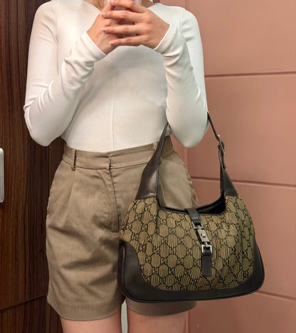 Authentic GUCCI Jackie Vintage Monogram Khaki x Dark Brown Satin Ruched / Pleated Hobo Shoulder Bag (Rare/Limited)