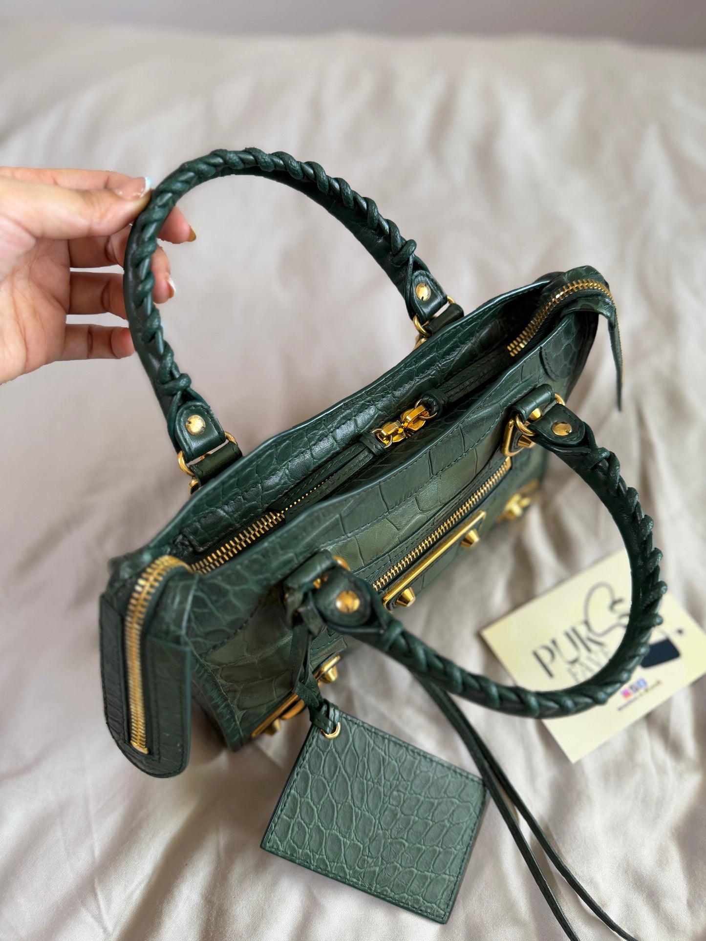 Authentic BALENCIAGA Green Croc-Embossed Leather Mini Classic Metallic Edge City Bag