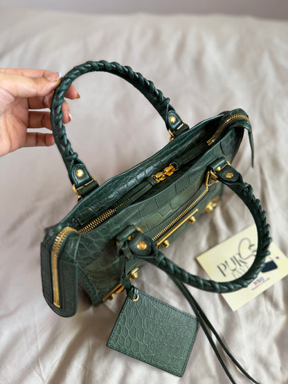 Authentic BALENCIAGA Green Croc-Embossed Leather Mini Classic Metallic Edge City Bag