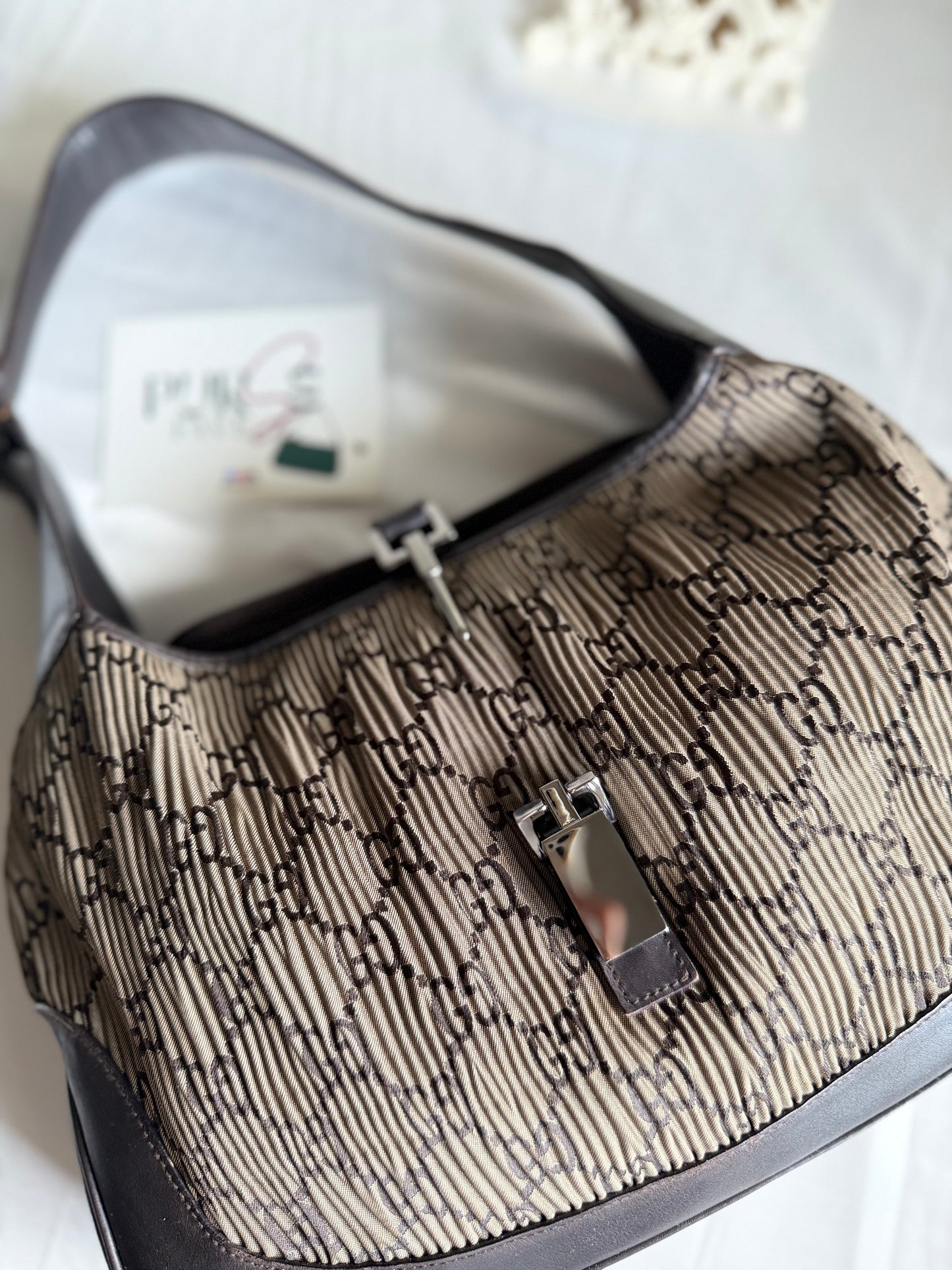 Authentic GUCCI Jackie Vintage Monogram Khaki x Dark Brown Satin Ruched / Pleated Hobo Shoulder Bag (Rare/Limited)