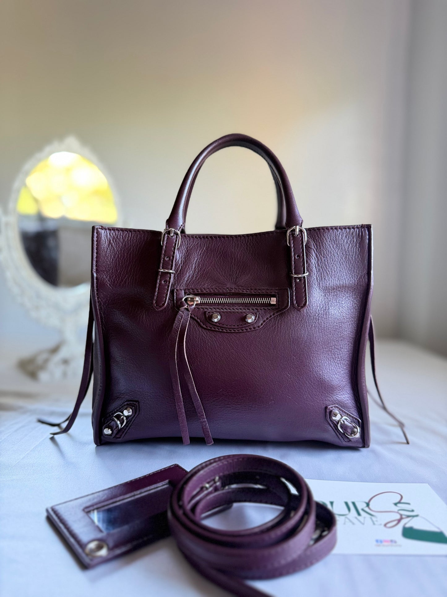 Authentic BALENCIAGA Burgundy Wine Calfskin Leather Mini Papier A4 Magnet Tote Bag