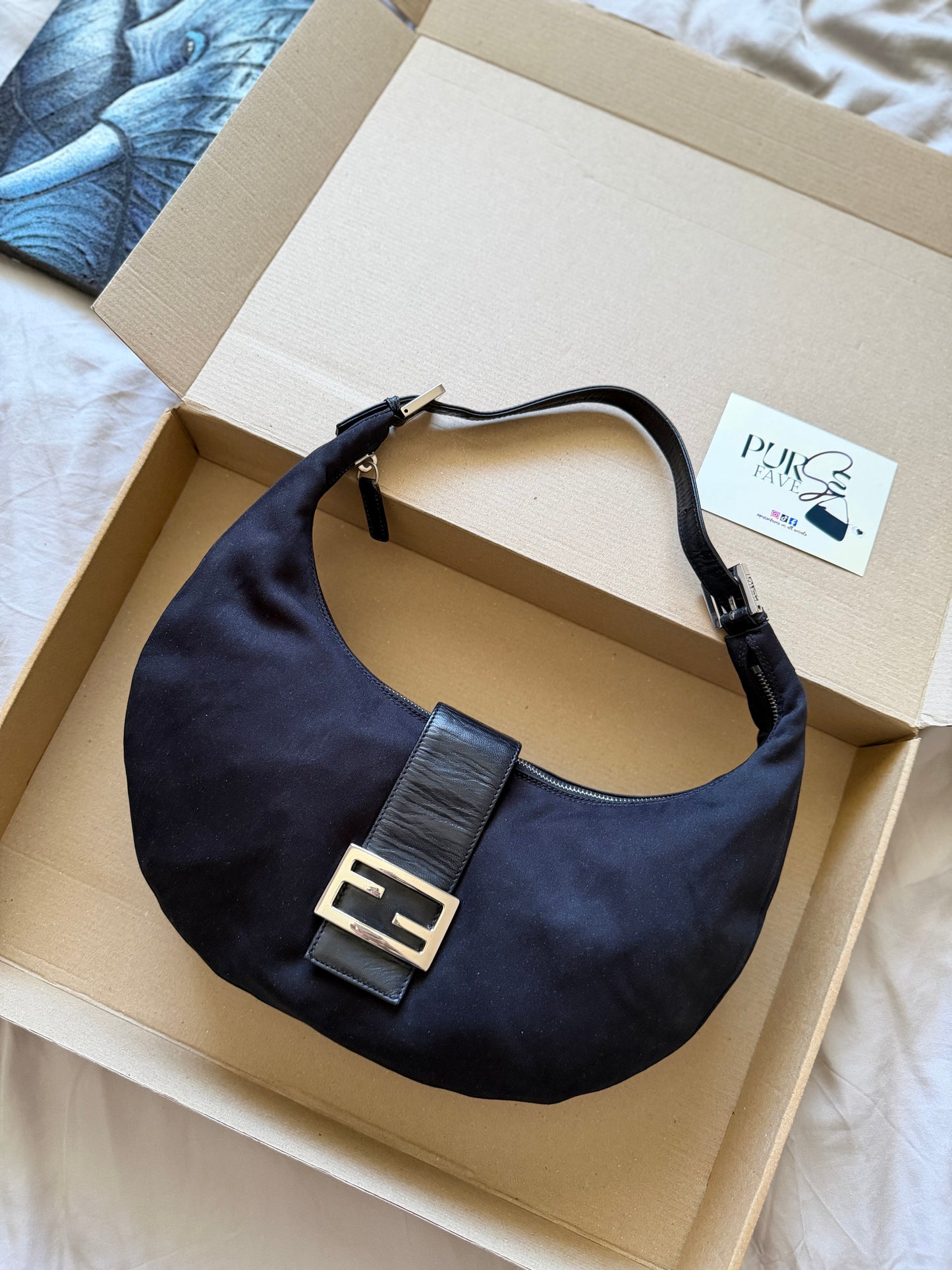 Authentic FENDI Half-Moon Croissant Black Neoprene Baguette Bag