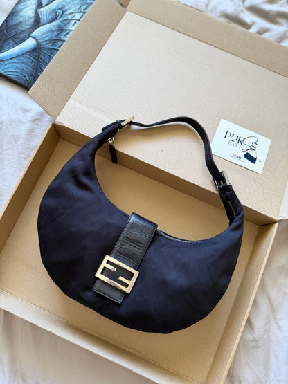Authentic FENDI Half-Moon Croissant Black Neoprene Baguette Bag