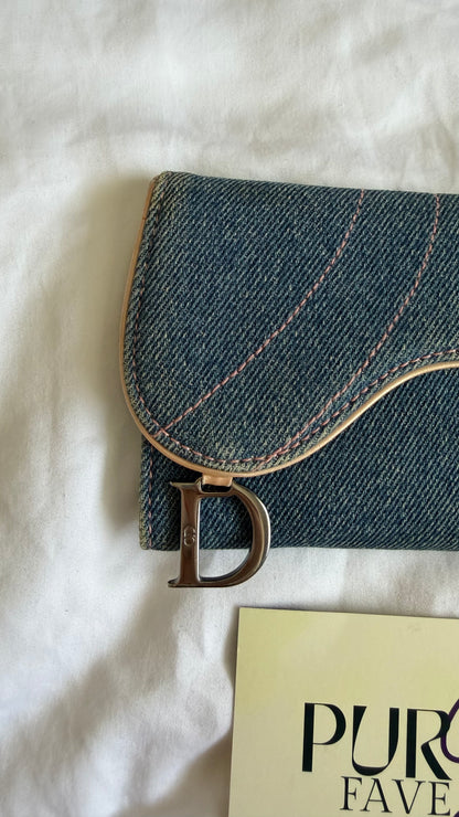 Authentic Vintage CHRISTIAN DIOR Blue Denim Saddle Trifold Wallet