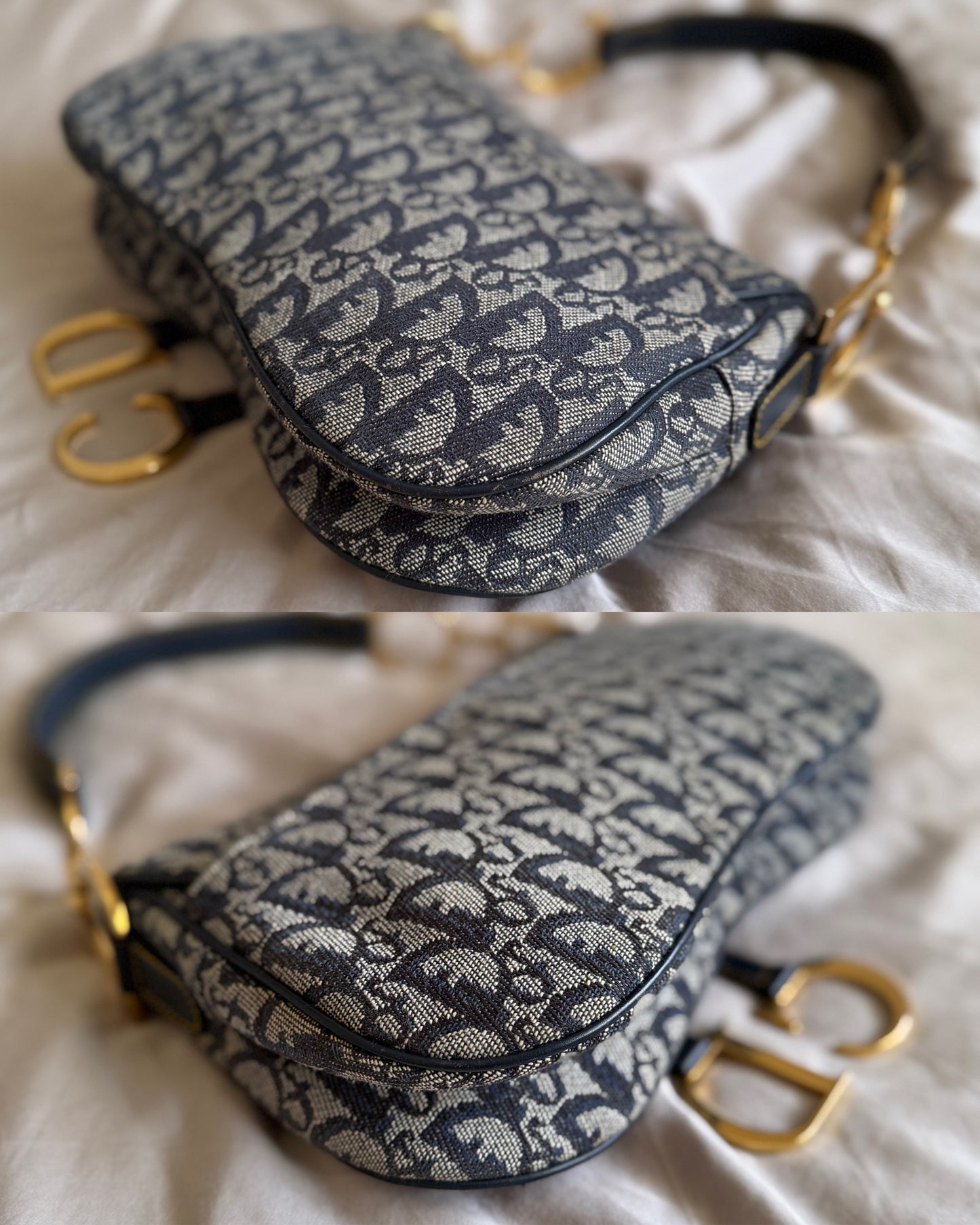 Authentic Vintage Christian Dior by John Galliano Navy Trotter Oblique Canvas Double Saddle Bag