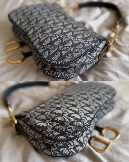 Authentic Vintage Christian Dior by John Galliano Navy Trotter Oblique Canvas Double Saddle Bag
