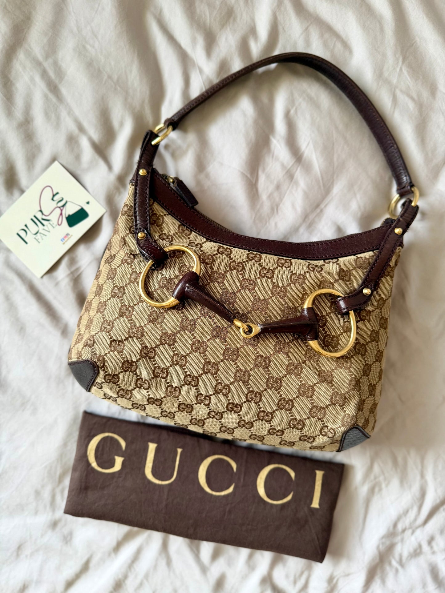 Authentic GUCCI Horsebit GG Canvas Brown Hobo Shoulder Bag