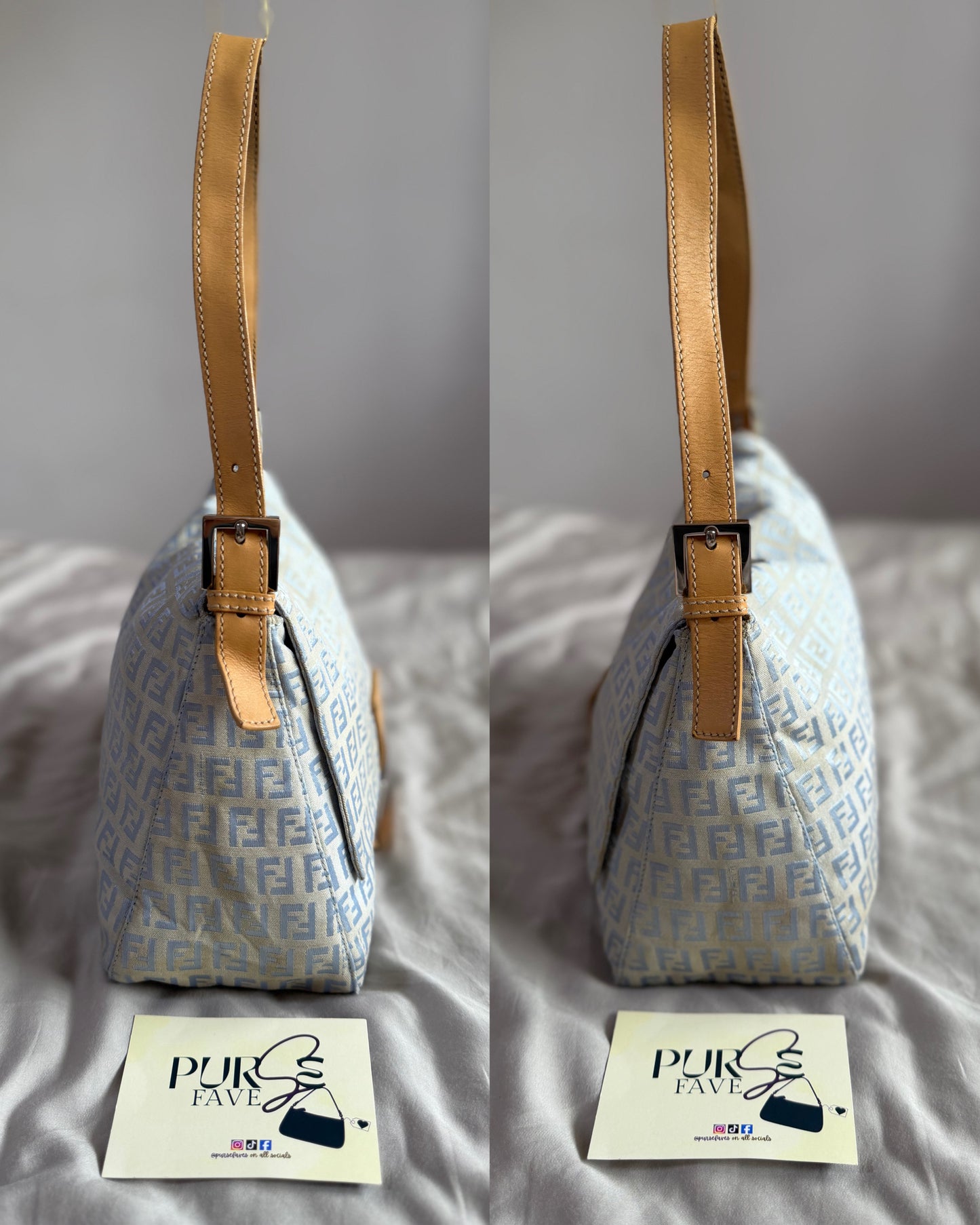 Authentic Vintage Fendi Light Blue Zucchino Canvas Mamma Baguette Shoulder Bag