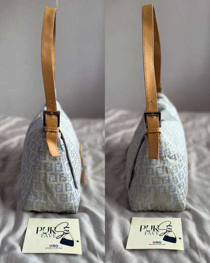 Authentic Vintage Fendi Light Blue Zucchino Canvas Mamma Baguette Shoulder Bag