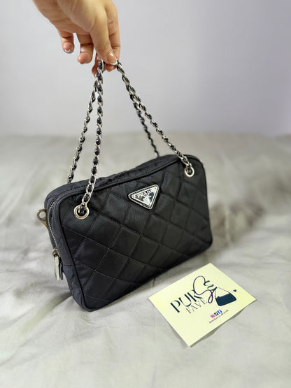 Authentic PRADA Nylon Tessuto Impuntu Quilted Black Bandoliera Mini Top Handle Bag