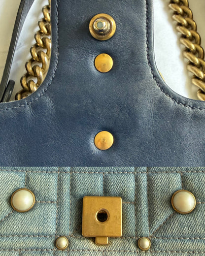 Authentic Gucci GG Marmont Matelassé Pearl Studded Blue Denim Shoulder Crossbody Bag