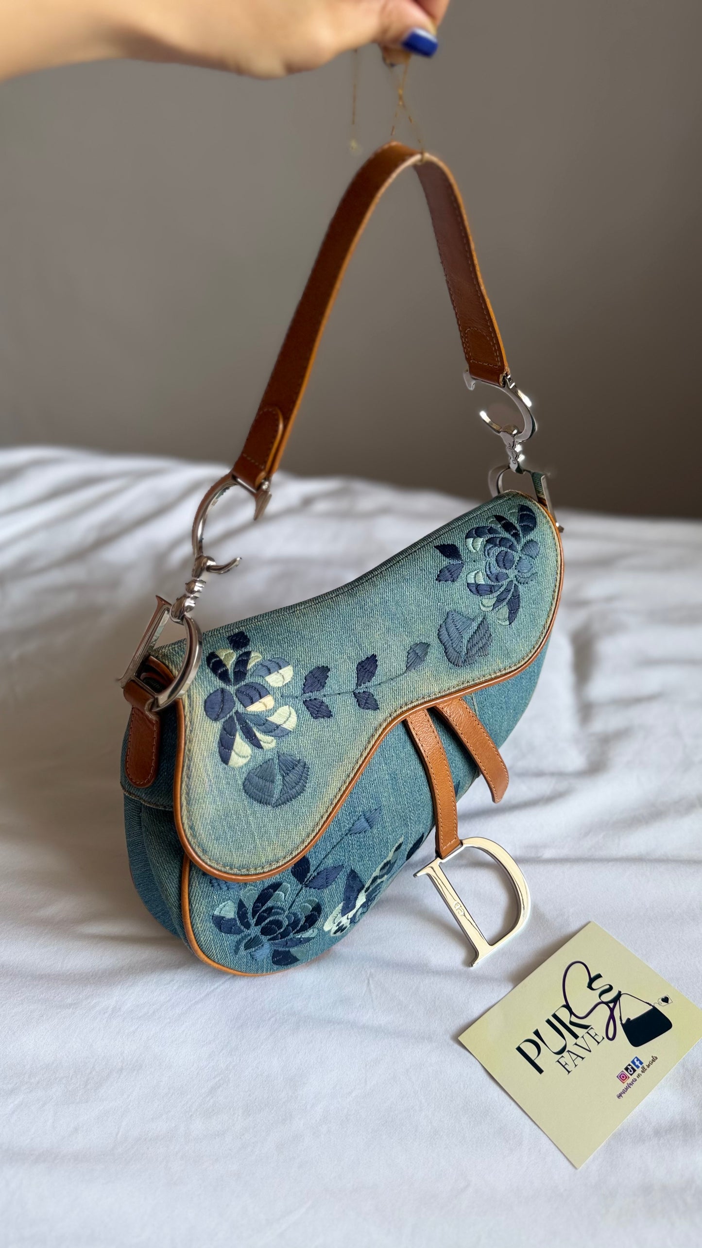 Authentic Vintage Christian Dior Light Blue Denim Saddle Shoulder Bag w/ Embroidered Floral & Butterfly Motifs