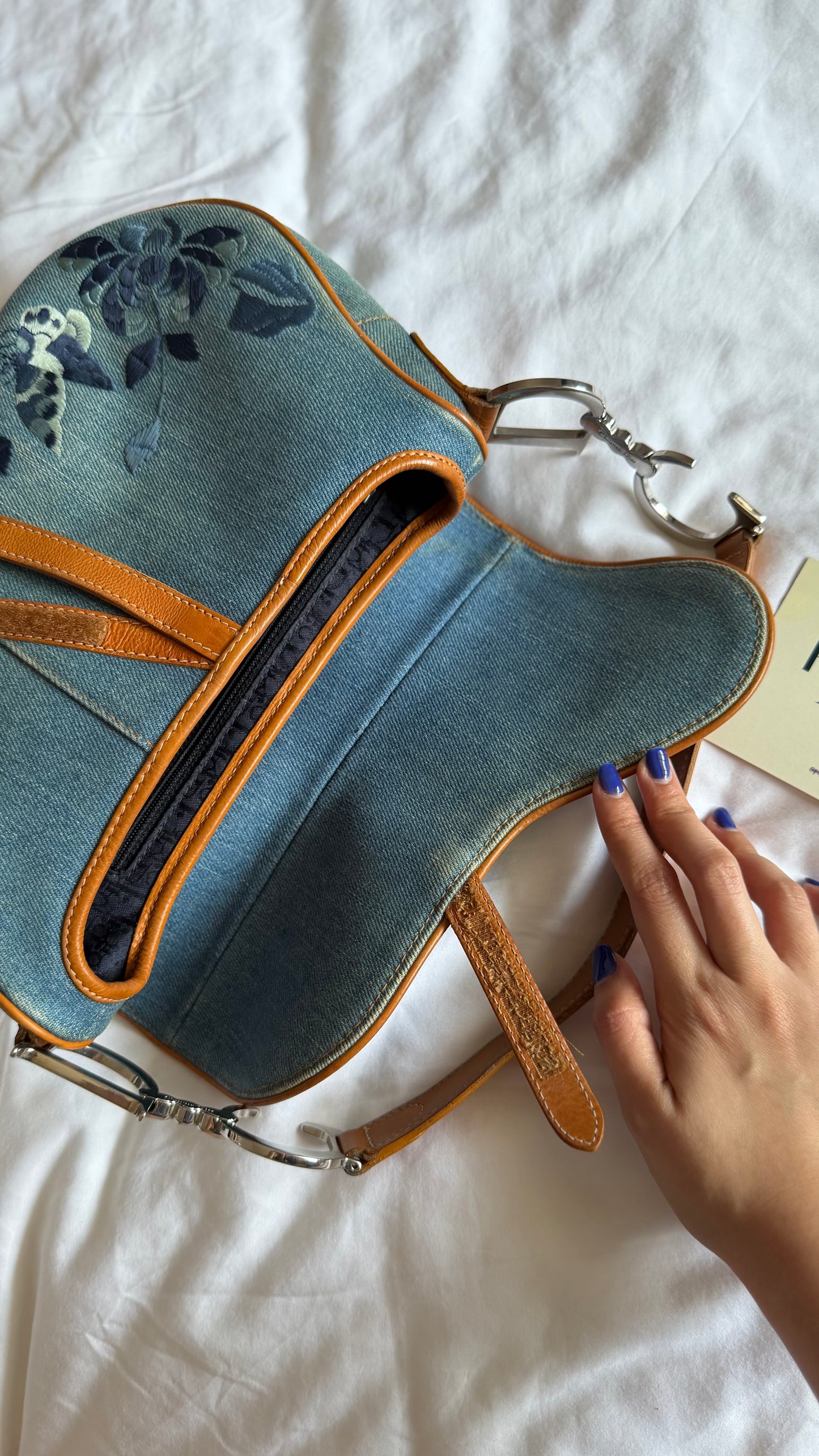 Authentic Vintage Christian Dior Light Blue Denim Saddle Shoulder Bag w/ Embroidered Floral & Butterfly Motifs