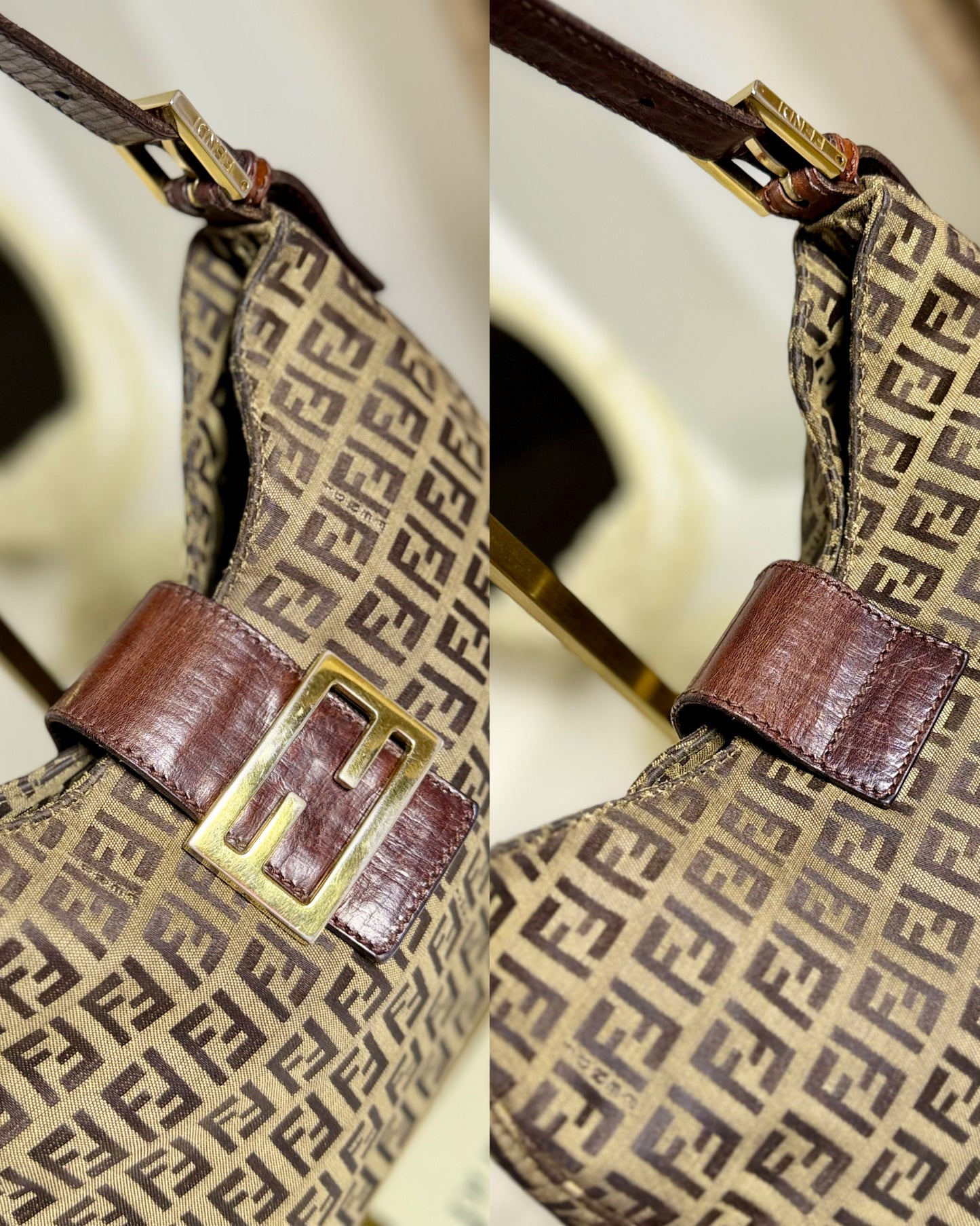 Authentic FENDI Beige / Brown Zucchino Canvas Hobo Trimmed Mamma Baguette Shoulder Bag