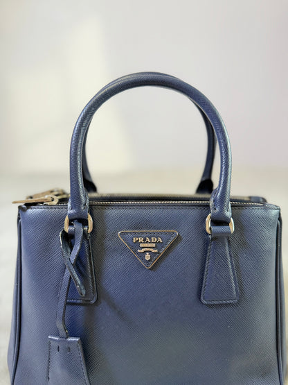 Authentic PRADA Saffiano Lux Galleria Navy Blue Mini Double Zip Tote Crossbody