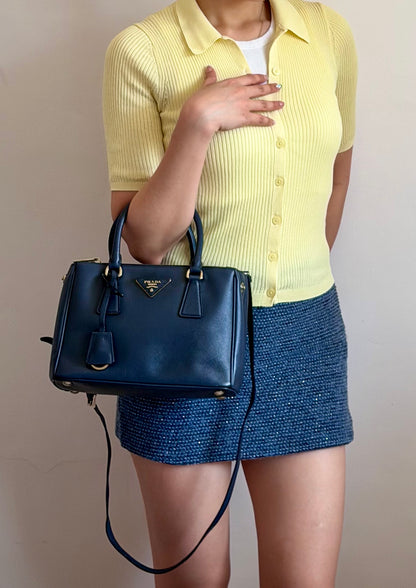 Authentic PRADA Saffiano Lux Galleria Navy Blue Mini Double Zip Tote Crossbody