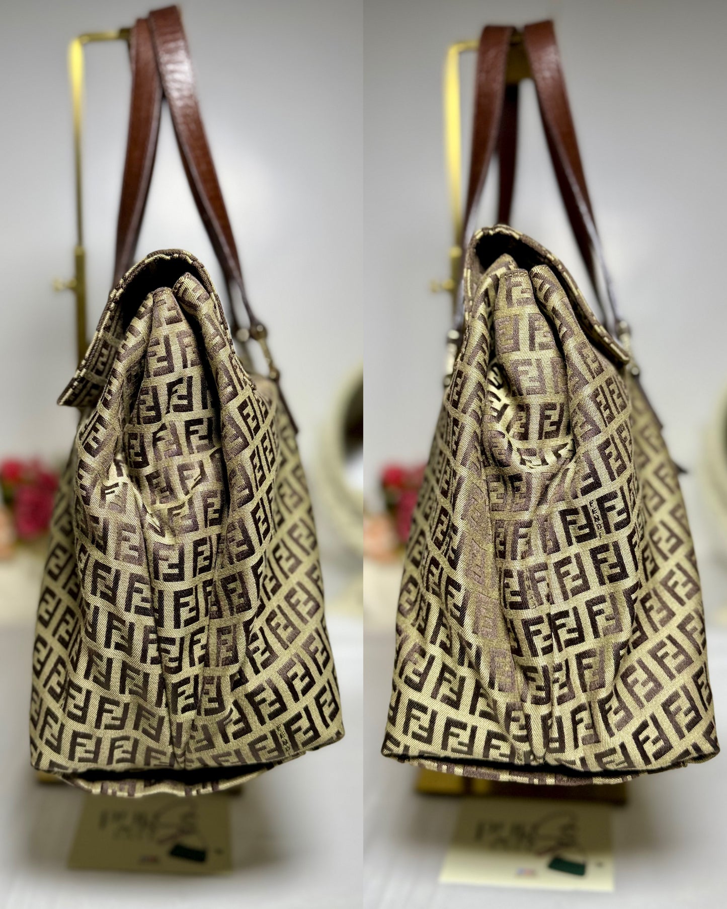 Authentic FENDI Beige / Brown Zucchino Canvas Accordion Large Shopper Tote Bag