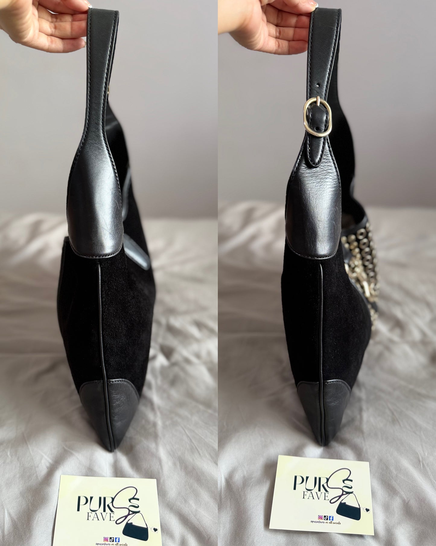 Authentic Vintage Gucci by Tom Ford Black Suede Studded Jackie Bouvier Medium Hobo Bag