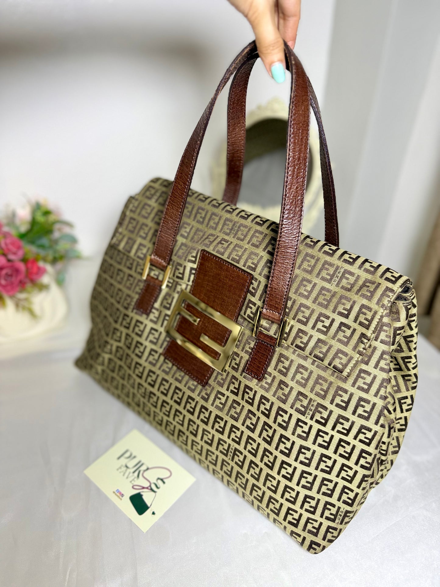 Authentic FENDI Beige / Brown Zucchino Canvas Accordion Large Shopper Tote Bag
