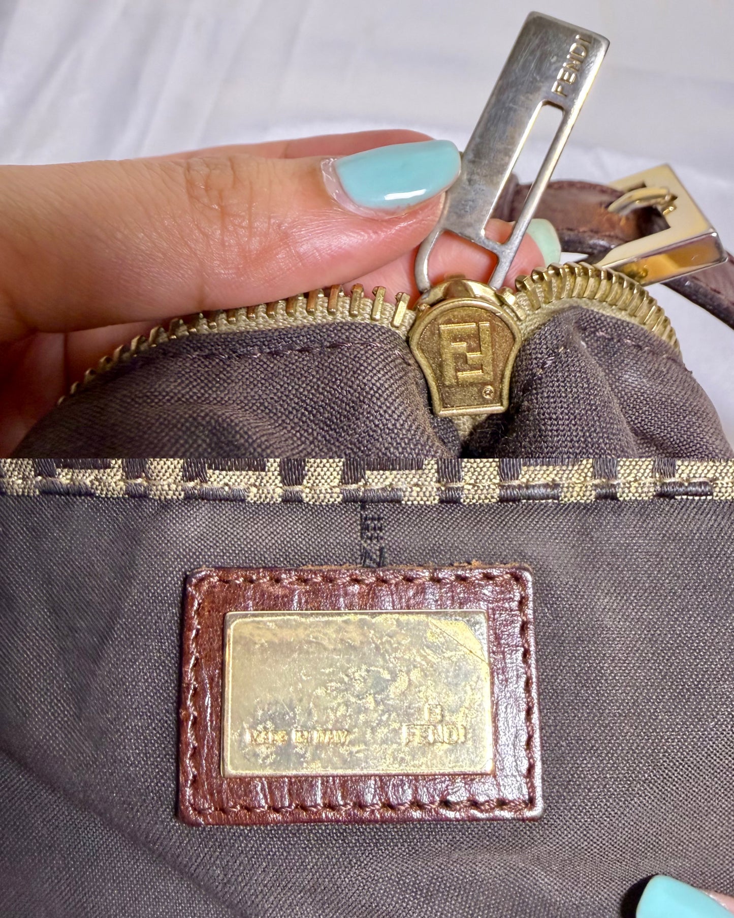 Authentic FENDI Beige / Brown Zucchino Canvas Hobo Trimmed Mamma Baguette Shoulder Bag