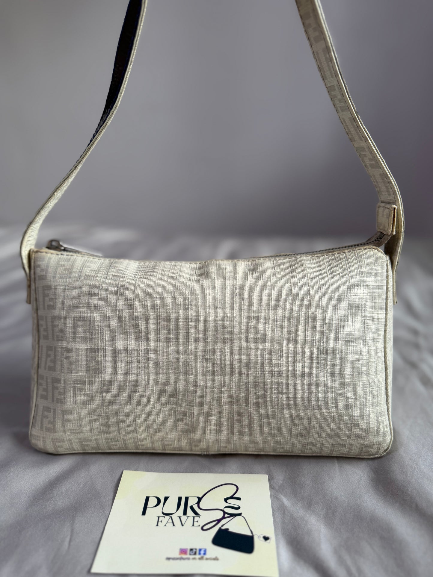 Authentic Vintage Fendi White Zucchino Coated Canvas East-West Shoulder Bag