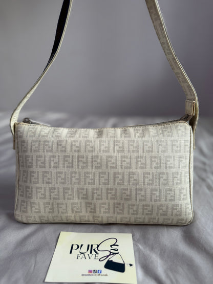 Authentic Vintage Fendi White Zucchino Coated Canvas East-West Shoulder Bag