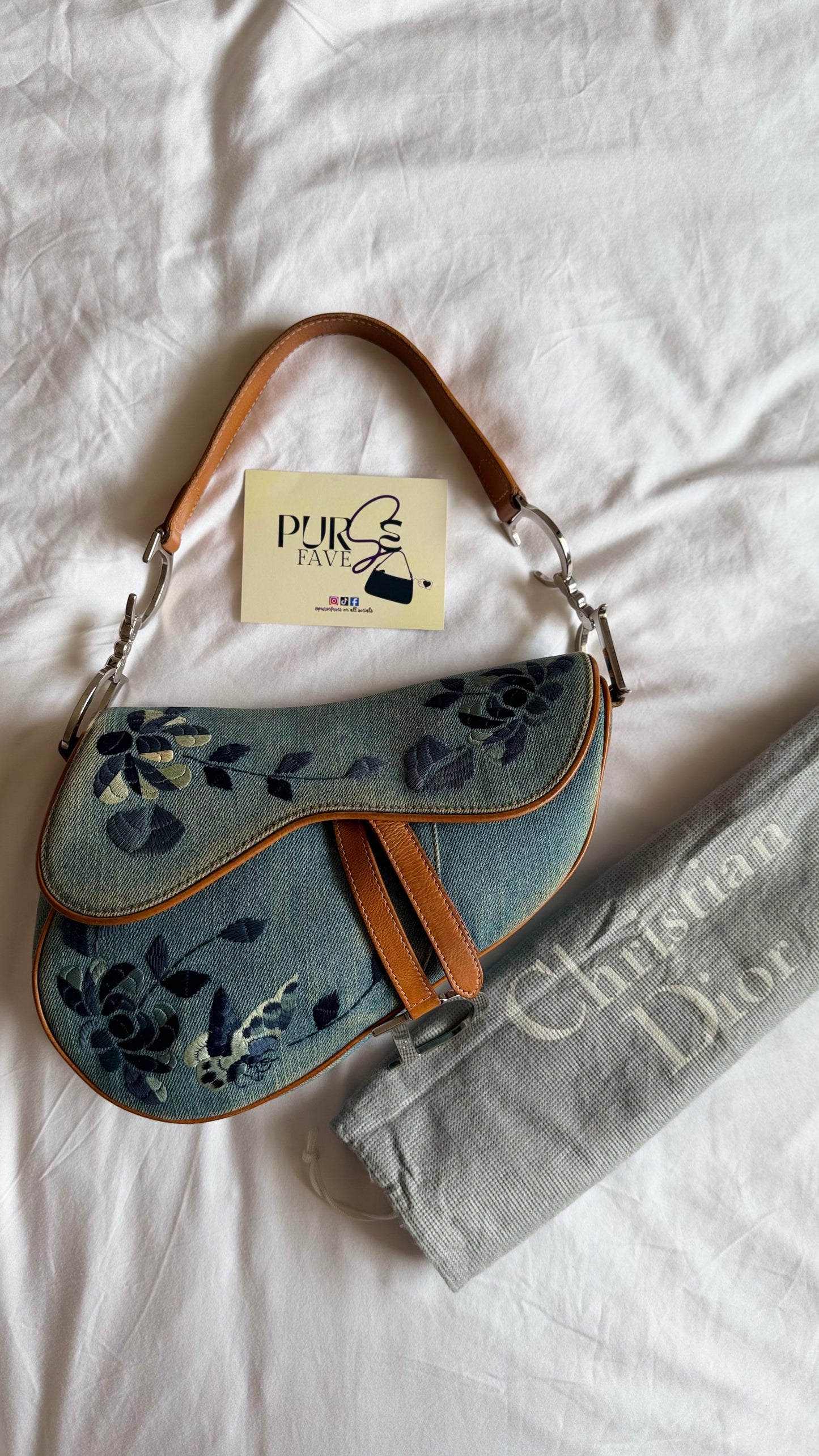 Authentic Vintage Christian Dior Light Blue Denim Saddle Shoulder Bag w/ Embroidered Floral & Butterfly Motifs