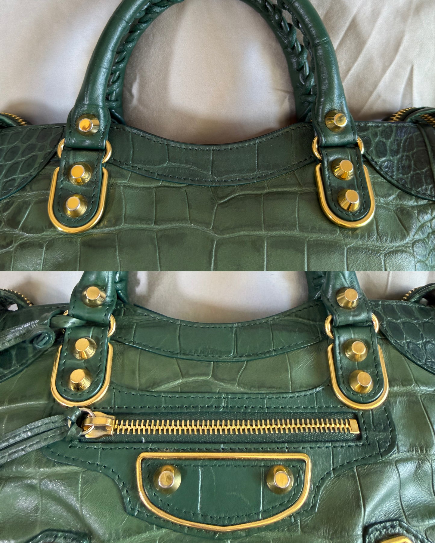 Authentic BALENCIAGA Green Croc-Embossed Leather Mini Classic Metallic Edge City Bag