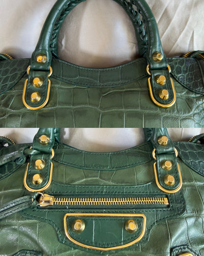 Authentic BALENCIAGA Green Croc-Embossed Leather Mini Classic Metallic Edge City Bag