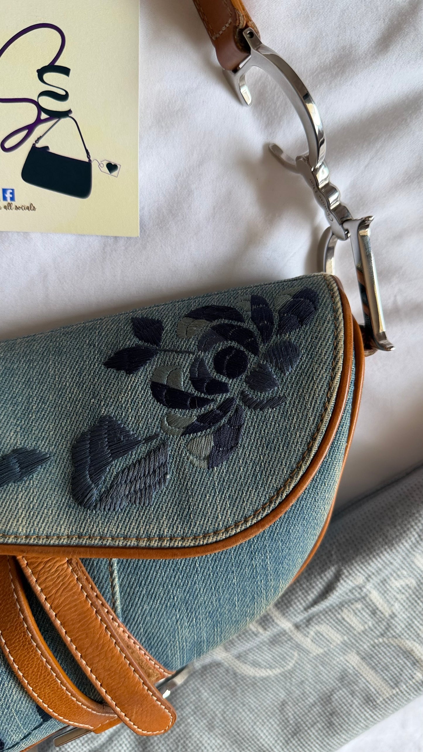 Authentic Vintage Christian Dior Light Blue Denim Saddle Shoulder Bag w/ Embroidered Floral & Butterfly Motifs