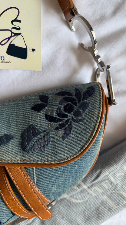 Authentic Vintage Christian Dior Light Blue Denim Saddle Shoulder Bag w/ Embroidered Floral & Butterfly Motifs