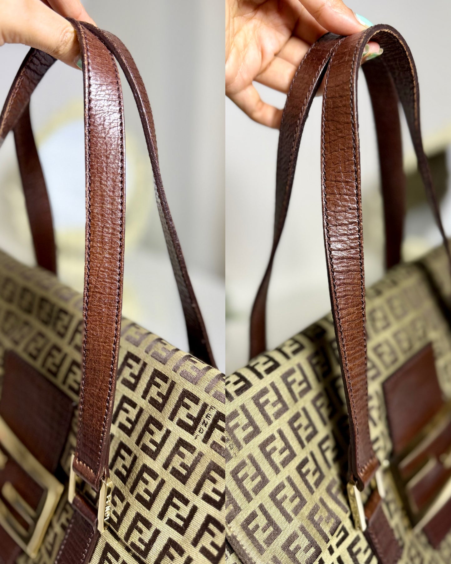 Authentic FENDI Beige / Brown Zucchino Canvas Accordion Large Shopper Tote Bag