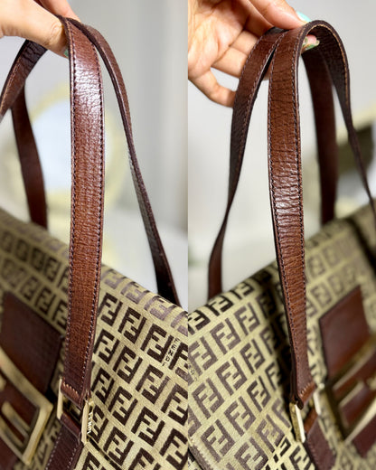 Authentic FENDI Beige / Brown Zucchino Canvas Accordion Large Shopper Tote Bag