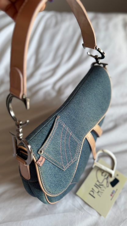 Authentic Vintage Christian Dior Light Blue Denim with Pocket Saddle Shoulder Bag